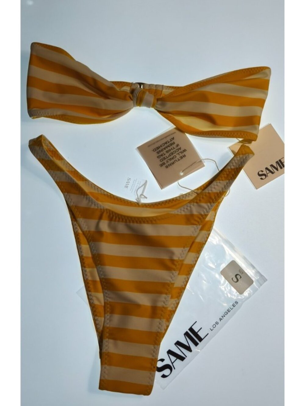 SAME Los Angeles Striped Bandeau Bikini Set Yellow Cream Size S New